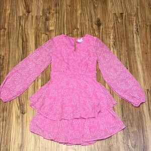 Japna women’s dress XS 0 2 Vibrant Pink white cross over fit flare ruffle sheer